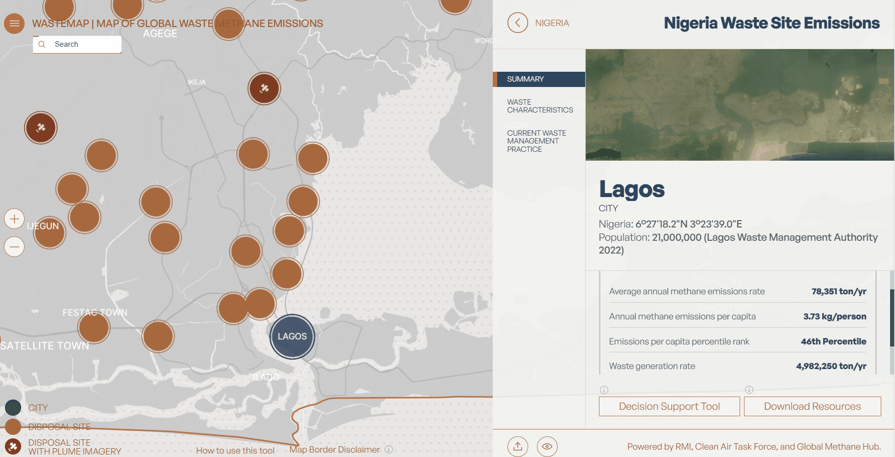 An info card pop-up of Lagos, a city in Nigeria. The summary tab shows increasing methane intensity over time from 1970-2020. There are additional tabs for solid waste disposal sites and rank.