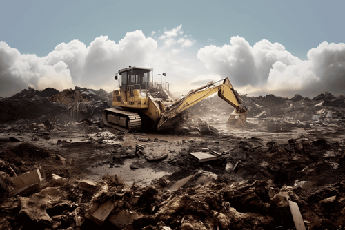 Construction vehicle hauling garbage in a landfill.